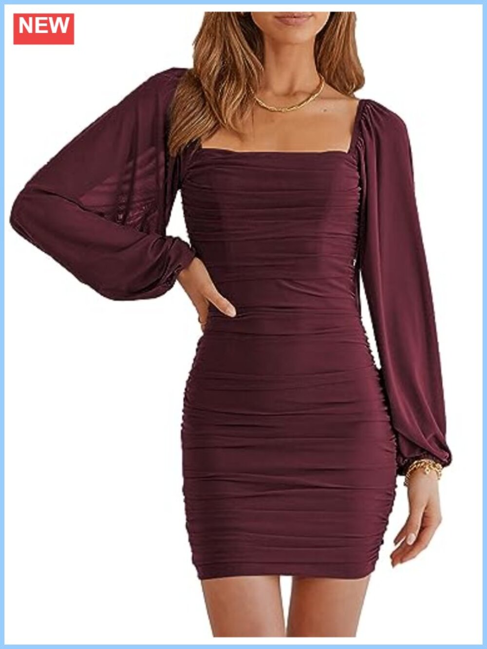 MASCOMODA Square Neck Long Sleeve Bodycon Mini Dress Ruched Mesh Party